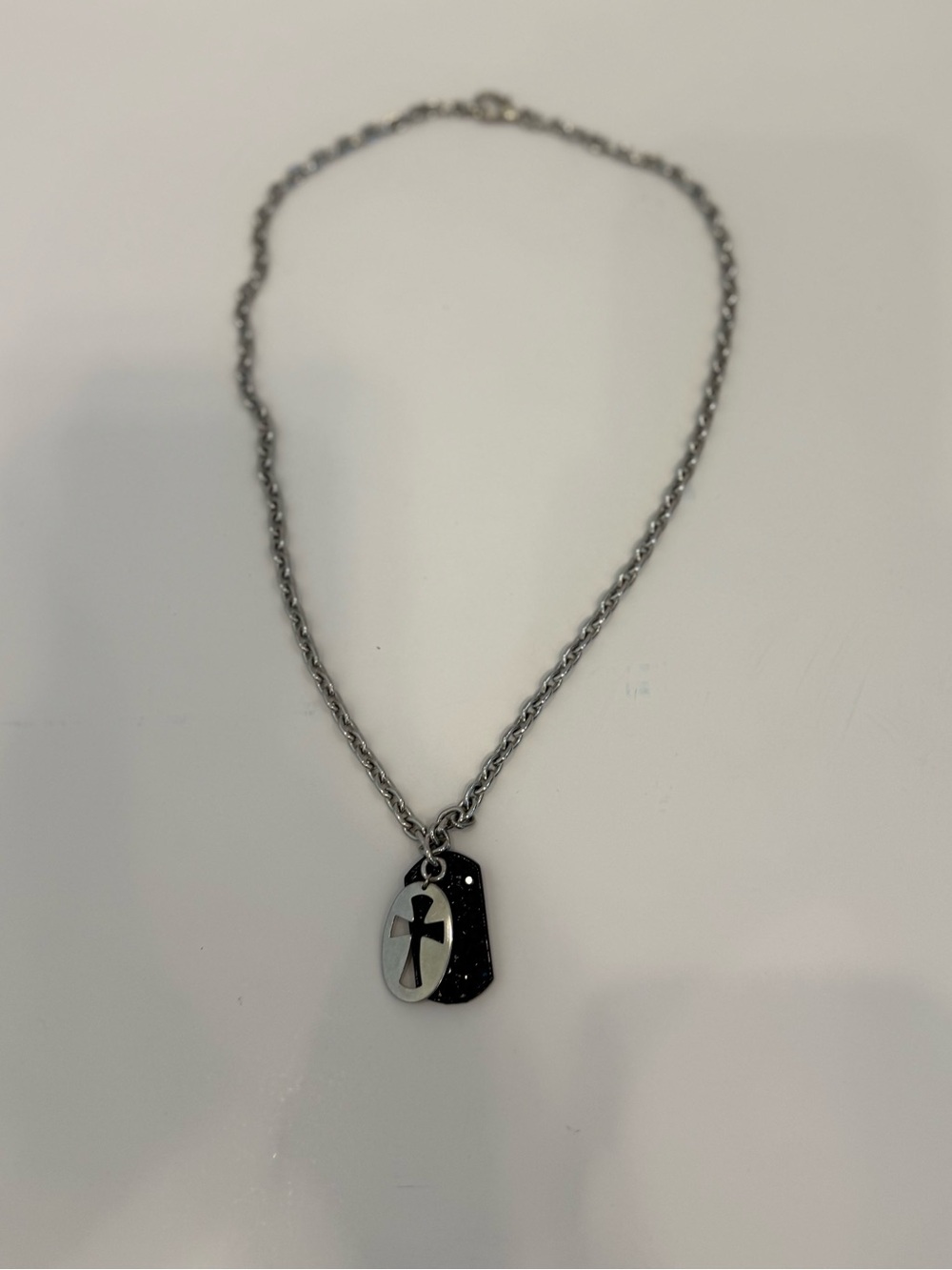 Y2K Vintage FAITH Silver Tone Cross and Black Beaded Tag Necklace Unique